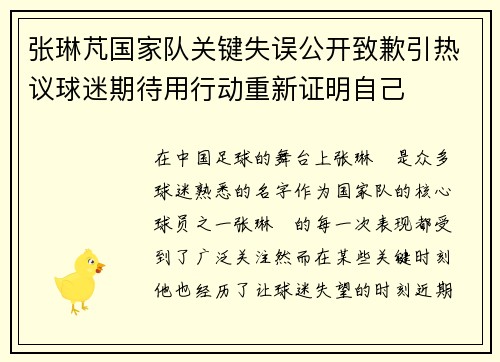 张琳芃国家队关键失误公开致歉引热议球迷期待用行动重新证明自己