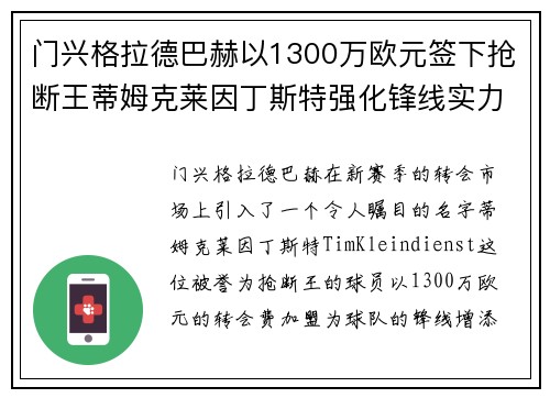 门兴格拉德巴赫以1300万欧元签下抢断王蒂姆克莱因丁斯特强化锋线实力